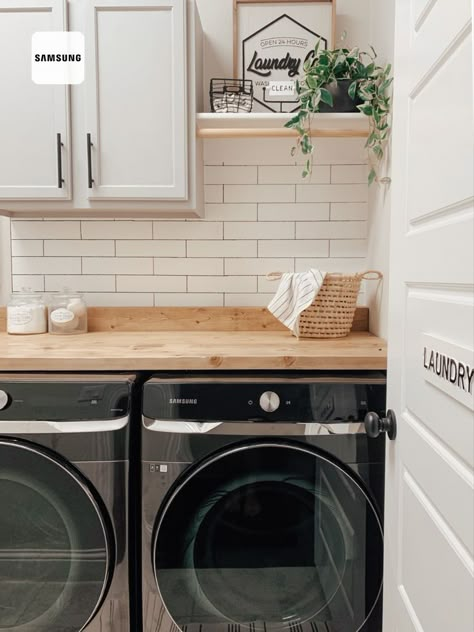 Samsung Laundry Room, Modern Farmhouse Black And White, Washer Dryer Closet, Modern Farmhouse Black, Farmhouse Black And White, Laundry Room Appliances, Laundry Closet Makeover, Garage Laundry Rooms, Samsung Appliances