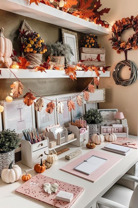 Elevate your workspace with tips on how to transition summer to fall home office décor, focusing on an elegant office design. Incorporate autumnal decor, warm tones, and luxurious style room elements to create a sophisticated and cozy home office for the autumn season. #elegantoffice #fallseason #autumnaldecor #naturalight #homeofficeideas #officeinspo #decoration #homeofficedecor #officecolors #fallinspo Fall Office Decorations Desks, Fall Cubicle Decor, Elegant Office Design, Fall Desk Decor, Fall Office Decorations, Fall Office Decor, Autumnal Decor, Cozy Fall Home, Pumpkin Scented Candles