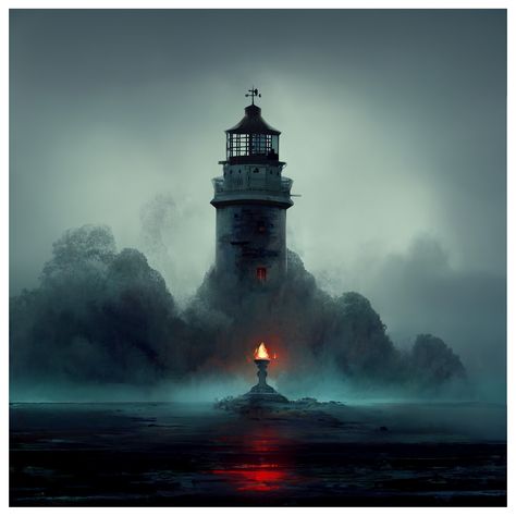 Lighthouse in the mist, on ArtStation at https://www.artstation.com/artwork/o21N1J Haunted Lighthouse, Fire Decor, Lake Ideas, Dark Modern, Painting Stuff, Landscape Inspiration, Fantasy Island, Beautiful Lighthouse, Light Houses