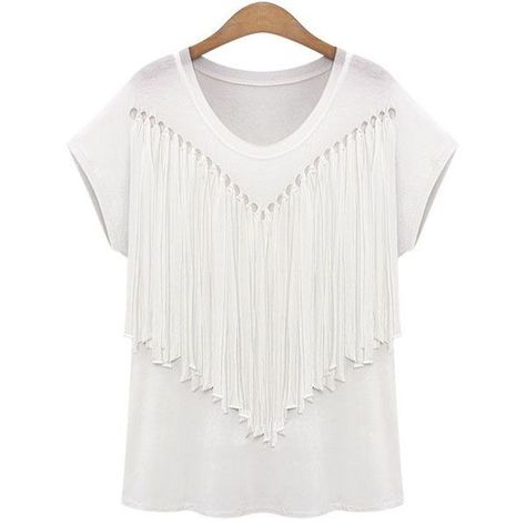 Gerry Fringe Sass Top ($22) ❤ liked on Polyvore Summer Fringe Top, One Size Fits Most, Trendy Fringe Short Sleeve T-shirt, Casual Summer Fringe T-shirt, Spring Fringe Cotton T-shirt, Womens T Shirts, Summer V-neck Tops With Fringe Details, Oversized Tee Shirt, Upcycling Clothes, T Shirts Funny