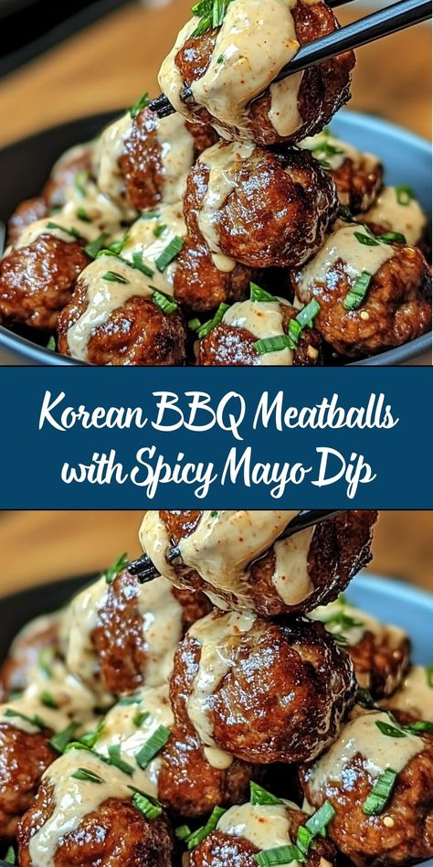 Korean BBQ Meatballs with Spicy Mayo Dip are the perfect combination of sweet, savory, and spicy flavors. These juicy meatballs are glazed with a sticky Korean BBQ sauce and paired with a creamy, fiery dipping sauce. Perfect as appetizers, party food, or a main dish, they’ll be a hit at any gathering! Meatball Party Food, Korean Barbeque Meatballs, Korean Barbecue Meatballs, Game Day Recipes Gluten Free, Korean Meatball Sauce, Bbq Pork Bites Recipes, Korean Beef Meatballs, Bbq And Jelly Meatballs, Mini Meat Appetizers