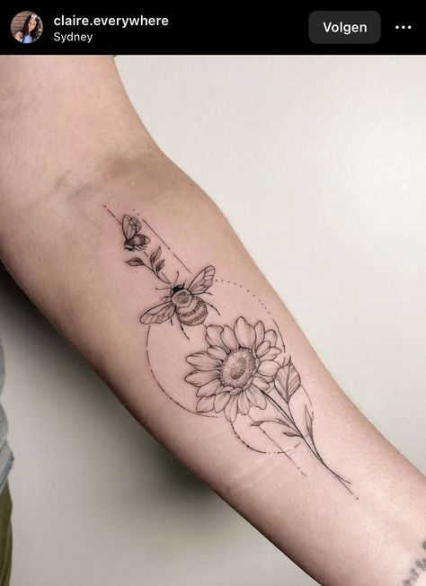 Sunflowers With Bees Tattoo, Floral Bee Tattoo Forearm, Bee And Rose Tattoo Ideas, Honey Bee Tattoo With Flowers, Bumblebee Sunflower Tattoo, Sunflower Tattoo With Bee, Sunflower Bumble Bee Tattoo, Sunflower And Bumble Bee Tattoo, Dragonfly And Bee Tattoo