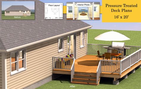 16' x 20' pressure treated deck plans 16x20 Deck, Deck Building Plans, Deck Cost, Pressure Treated Deck, Laying Decking, Deck Building, Decking Area, Deck Construction, Building Costs