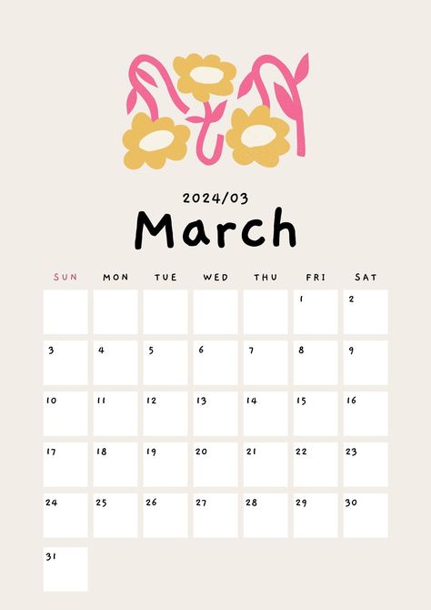 Start A4 Document, 2024 Calendar, Flower Illustration, Pink