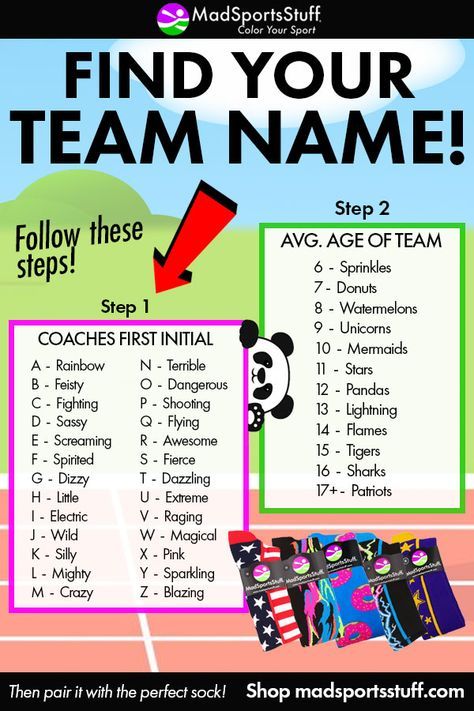 Use our guide to find your team name and then pair it with our matching socks. #MadSportsStuff #TeamNames #TeamSocks #SoftballSocks #SoccerSocks Team Colors Ideas, Fun Team Names, Team Names Ideas, Softball Team Names, Volleyball Socks, Softball Socks, Youth Softball, Team Socks, Unicorn Mermaid