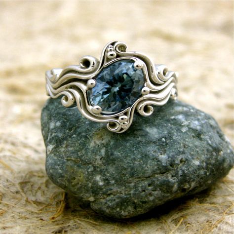 Ocean Ring Engagement, Sea Inspired Rings, Ocean Engagement Ring, Silver Ocean-inspired Jewelry For Promise Ring, Luxury Ocean-inspired Rings For Gift, Ocean Wave Engagement Ring, Ocean-inspired Blue Rings As Gifts, Ocean-inspired Sterling Silver Rings, Rat Earrings