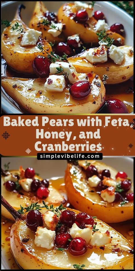 Treat yourself to our delightful Baked Pears with Feta, Honey, and Cranberries! This easy-to-make dessert combines sweet, tender pears with creamy feta cheese, drizzled with honey and topped with tart cranberries for a perfect balance of flavors. Ideal for holiday gatherings or a cozy night in, discover how to create this elegant and delicious dish that will impress your guests! Feta Honey, Honey Appetizers, Fancy Appetizer Recipes, Cranberry Baking, Pear Dessert, Gourmet Appetizers, Creamy Feta, Fancy Appetizers, Baked Pears