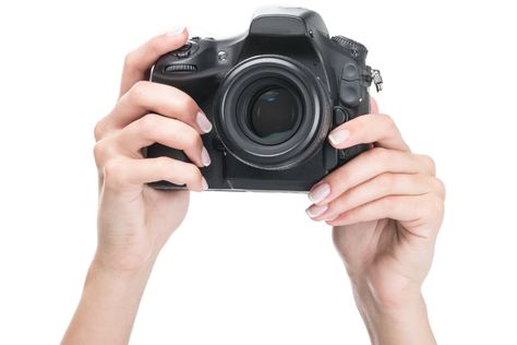 Woman's hands holding DSLR camera Camera In Hand, Hand On Camera Pose, Hand Camera, Camera Holding Poses, Holding A Camera Reference, Holding Camera Pose Reference, Draw Camera, Hand Camera Pose, Camera Reference