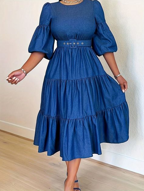 Women'S Plus Size Puff Sleeve Tiered Ruffle Hem Belted DressI discovered amazing products on SHEIN.com, come check them out! Denim Ruffle Dress, Denim Midi Dress, Dress Denim, Traje Casual, High Waist Dress, Half Sleeve Dresses, Round Neck Dresses, Patchwork Dress, Ruched Dress