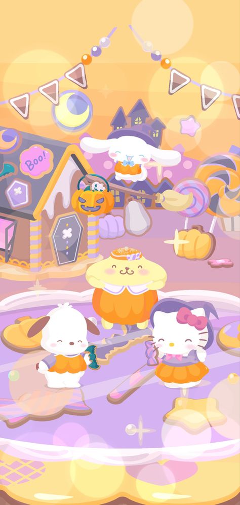 Sanrio November Wallpaper, Pochacco Halloween Wallpaper, Kawaii Fall Wallpaper, Pochacco Halloween, Sanrio Halloween Wallpaper, Fall Sanrio, Sanrio Wallpaper Iphone, Birthday Sanrio, Cinnamoroll Halloween