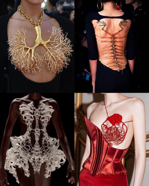 Anatomy references in high fashion schiaparelli lungs worn by bella hadid Roberto Cavalli fw 2000 worn by zendaya iris van herpen skeleton dress fw 2011 schiaparelli fall winter 2022 heart circulation dress Earth Dress, Surrealism Fashion, Schiaparelli Dress, Heart Circulation, Sculpture Fashion, Skeleton Dress, Anatomy References, Fashion Dream Job, Metal Dress