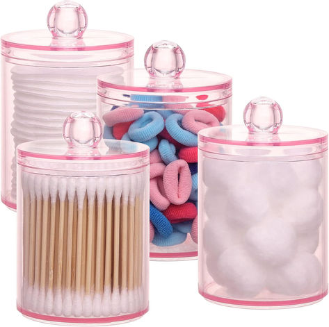 Tbestmax 4 pcs Qtips Holder Bathroom Container, 10 OZ Apothecary Jar, Pink Cotton Ball/Swabs Dispenser Organizer for Storage Pink Dorm Rooms, Bathroom Containers, Pink Dorm, Coquette Room, Kawaii Room Decor, Can Storage, Dorm Room Essentials, Bathroom Accessory Sets, Q Tip