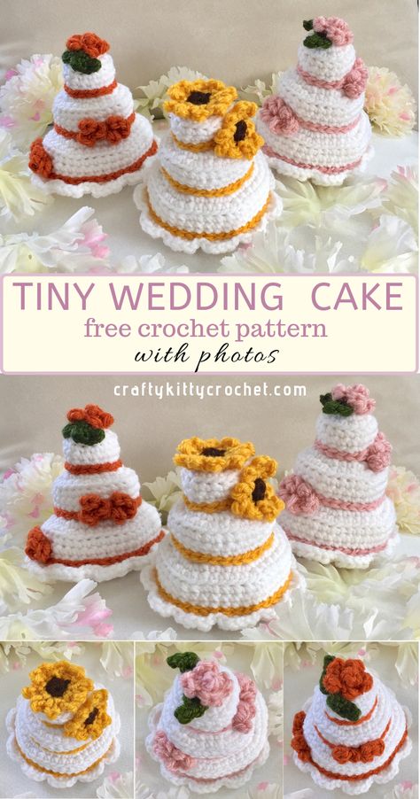 What better way to celebrate the big day than with a tiny crocheted wedding cake? These little cakes are easy and fun to make, and this free pattern has lots of photos to guide you! These would make a great gift for the bride and groom to be in your life. They would also make great wedding favors – what a fun and personalized gift for your wedding guests! The possibilities are endless! Crochet Wedding Shower Gifts, Crochet Wedding Present Ideas, Free Crochet Cake Patterns, Crochet Mini Cake Free Pattern, Wedding Gift Crochet Ideas, Wedding Crochet Ideas, Birthday Crochet Patterns Free, Cake Crochet Pattern Free, Crochet Wedding Favors