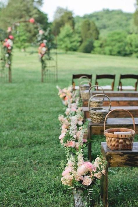 36 Cheerful Country Wedding Decor Ideas Wedding Bench, Cousin Camp, Wedding Ceremony Seating, Wooden Benches, Field Wedding, Yosemite Wedding, Country Wedding Decorations, Wedding Chair, Ceremony Seating