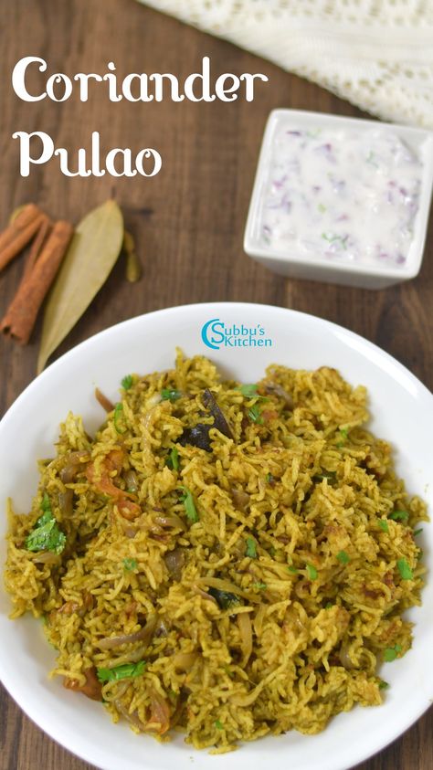 Coriander Leaves Pulao is a colorful and flavorful pulao. Perfect for parties / get togethers and even for lunch box. It's very simple recipe with fresh corainder leaves. Can be served with any raita. Corriander Recipes, Vegetable Pulao Recipe, Lunch Recipes Indian, Indian Recipes Authentic, Indian Rice, Rice Varieties, Rice Side Dishes, Easy Rice Recipes, Pulao Recipe