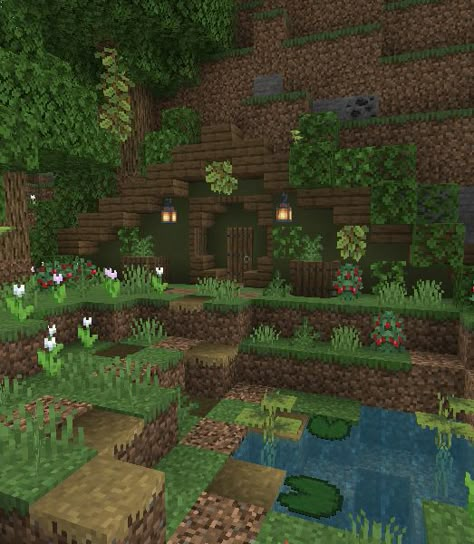 Minecraft Houses Goblincore, Minecraft Hobbit Hole Mountain, Hobbit Hole Minecraft Interior, Minecraft Hobbit Village, Green Minecraft House, Goblincore Minecraft, Minecraft Hobbit Hole Interior, Minecraft Hobbit Hole, Simple Minecraft Builds