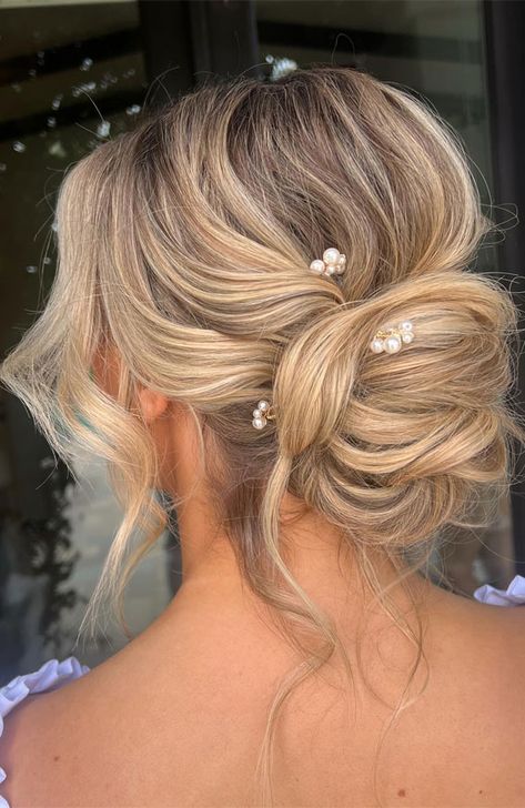 Bride Low Messy Bun, Up Do Hair For Wedding, Messy Bun For Bride, Bridal Hair Messy Bun, Bride Upstyles, Messy Low Bun Wedding Hair, Messy Low Bun Wedding, Bridal Updo Low Bun, Soft Updo Wedding