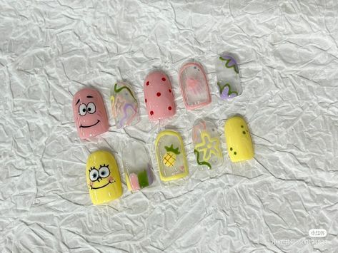 Spongebob Nail Art, Flower Pedicure, Spongebob Nails, Cartoon Nails, Punk Nails, Korean Nails, Polygel Nails, Manicure Y Pedicure, Spongebob Squarepants