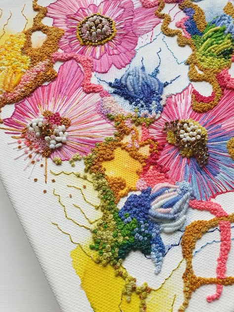 Viola Two – The Broderers' Exhibition: The Art of Embroidery Embellished Clothing Diy, Embroidery Trends 2024, Multicolour Embroidery Design, Abstract Flower Embroidery, Embroidery Runway, Modern Embroidery Ideas, Multicolor Art Silk With Floral Embroidery, Embroidery On Violet Fabric, Embroidery Canvas Art