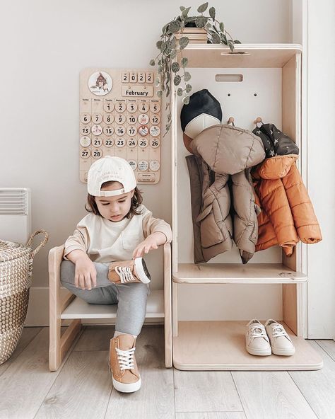 Jane | Montessori Inspired Mom on Instagram: “Starting the morning with my SONshine!☀️ Still a bit chilly but I think it’s time to slowly transition our entryway from winter to spring,…” Toddler Storage, Mango Coats, Montessori Bedroom, Coat And Shoe Rack, Montessori Room, Toddler Coat, Minimalist Kids, Montessori Furniture, Coat Shoes