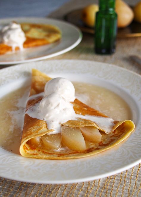 Champagne Pear Crepes Pear Crepes, Blender Crepes, Crepe Ingredients, Crepe Mix, Crepe Recipe, Crepe Batter, Sweet Bites, Holiday Party Foods, Poached Pears