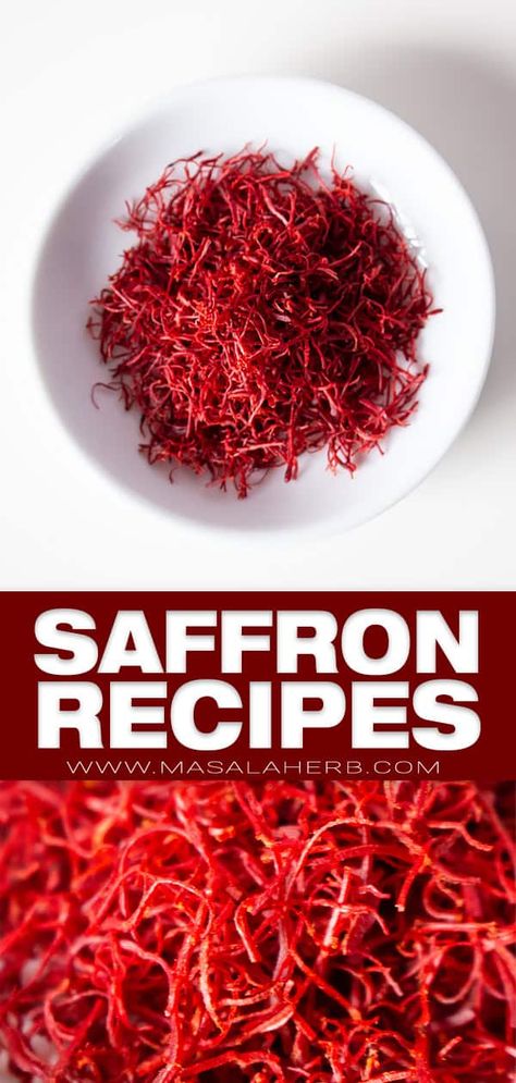 Saffron Tips and Recipes - Learn how to use saffron in your cooking. This valuable spice from a flower is unique and will color your food yellow golden. I share tips so that you buy only real saffron and no fakes. www.MasalaHerb.com Recipes Using Saffron, Saffron Health Benefits, Saffron Uses, Benefits Of Saffron, Spanish Paella Recipe, Herb Blends, Saffron Chicken, Spanish Saffron, Saffron Benefits