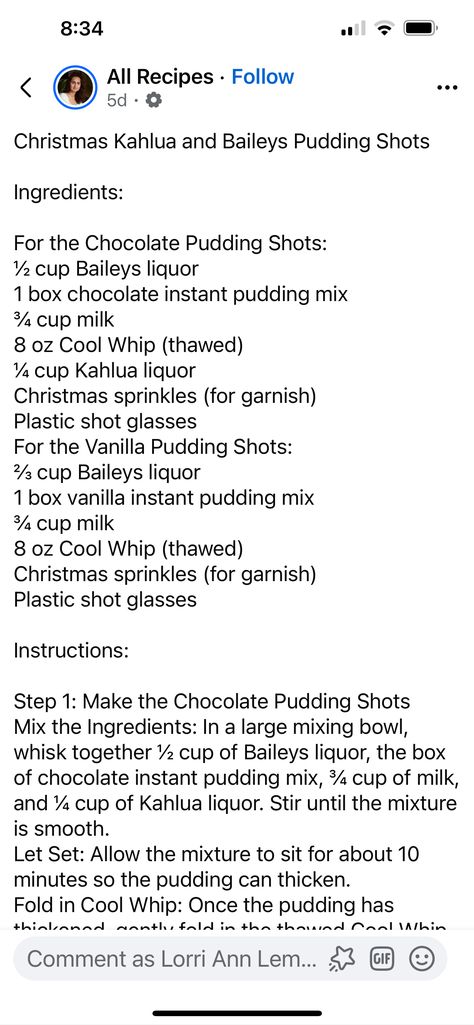 Vanilla Pudding Shots, Baileys Liquor, Chocolate Pudding Shots, Pudding Shots, Christmas Sprinkles, Instant Pudding Mix, Instant Pudding, Vanilla Pudding, Cool Whip