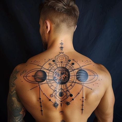 Intricate celestial compass tattoo design on young man's back, featuring geometric patterns and celestial elements like spheres and orbits. Celestial Elements, Compass Tattoo Design, Detailed Tattoo, Compass Tattoo, Tattoo Artist, Tattoo Design, Compass, Geometric Tattoo, Tattoo Artists