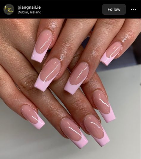 Medium Length Pink French Tip Nails, Pink Tips Nails Coffin, Coffin Acrylic Nails French Tip Pink, Cute Pink Nails French Tip, Light Pink French Tip Nails Ballerina, Light Pink French Tip Nails With Design, Pink Nails Ombre Design, Pastel Pink Nails French Tip, Light Pink Tips Acrylic Nails