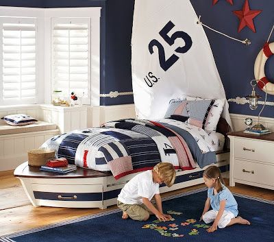 Pottery Barn Kids Speedboat Bed & Trundle - copycatchic Boat Bed, Nautical Room, Nautical Bedroom, Themed Kids Room, Big Boy Room, Bed Ideas, Boys Bedrooms, Kids Room Design, Boy's Bedroom