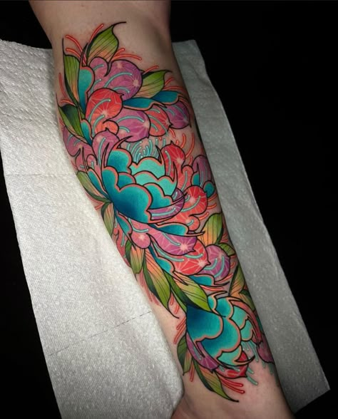 Bright Japanese Tattoo, Large Color Tattoo, Kawaii Half Sleeve Tattoo, Bright Flower Tattoos For Women, Colorful Calf Tattoos For Women, Large Colorful Tattoos, Bold Color Tattoo, Bright Floral Tattoo, Sleeve Tattoos For Women Colorful