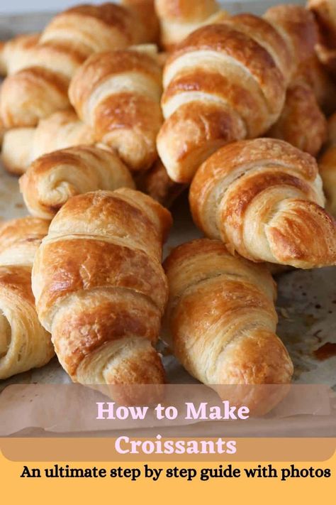 Want to learn How to Make Croissants? This a complete guide to make this beautiful, buttery and flaky pastry. With step by step photos, and guided instructions, this will walk you through and help you how to make delicious croissants at home! #croissants #pastry #homemadecroissants Make Croissants, Butter Block, Cardamom Buns, Homemade Croissants, Croissant Dough, Croissant Recipe, Types Of Bread, Flaky Pastry, Banana Nut