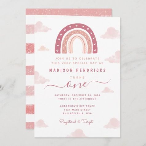 $2.92 | Chic Boho Rainbow and Clouds Pastel Pink Birthday #girls birthday, rainbow, boho, clouds, pastel pink, pastel rainbow, pink, modern, chic, first birthday Boho Clouds, Rose Gold Boho, Rainbow And Clouds, Rainbow First Birthday, Rainbow Invitations, Pastel Birthday, Boho Invitations, Rainbow Boho, Baby Invitations