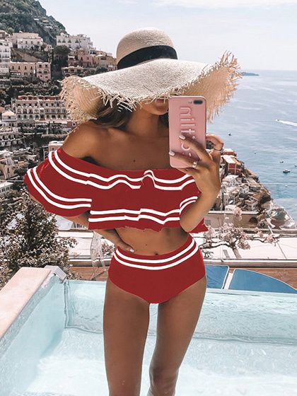 Red Off Shoulder Ruffle Trim Bikini Set Off Shoulder Bathing Suit, Bandage Bathing Suit, Fringe Swimsuit, Ruffle Bathing Suit, Striped Swimwear, Suit Swimsuit, Ruffle Swimsuit, Costume Intero, Beachwear For Women