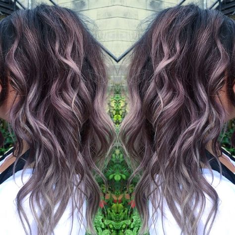 Black and gray or lilac haircolor. Balayage. Beautiful. Beach waves. Curls. Mum Hair, Dyed Hair Ombre, Hair Goal, Purple Highlights, Lilac Hair, Lavender Hair, Hair Color Ideas For Brunettes, Trendy Hair Color, Colorful Hair