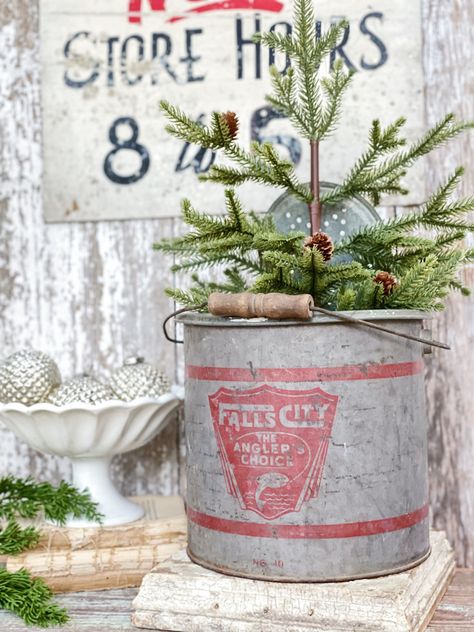 Galvanized Bucket Decor, Metal Bucket Decor, Bucket Crafts, Bucket Decor, Stick Decor, Antique Bucket, Bait Bucket, Recycled Tin Cans, Candle Stick Decor