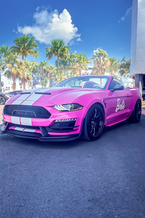 Pink Barbie inspired mustang speedster parked on the street in front of palm trees Pink Mustang, 2006 Mustang, 2006 Ford Mustang, Barbie Car, Super Snake, Pink Convertible, Ford Mustang Shelby, Pink Paint, Mustang Cars