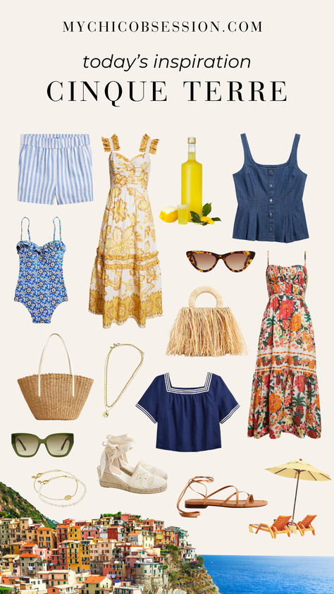 Incorporate bright colors and patterns for summer outfits inspired by Cinque Terre in Italy. Known for its wines and colorful cliffside, the five fishing villages on the Italian Riviera are the perfect inspiration for fun summer looks with a coastal feel. Southern Italy Summer Outfits, Italian Riviera Outfits, Italian Coast Aesthetic Outfit, Coastal Outfit Aesthetic Summer, Southern Italy Aesthetic Outfits, Italian Holiday Outfit, Cinque Terre Outfit, Rome Italy Outfits Summer, Italian Summer Aesthetic Outfit