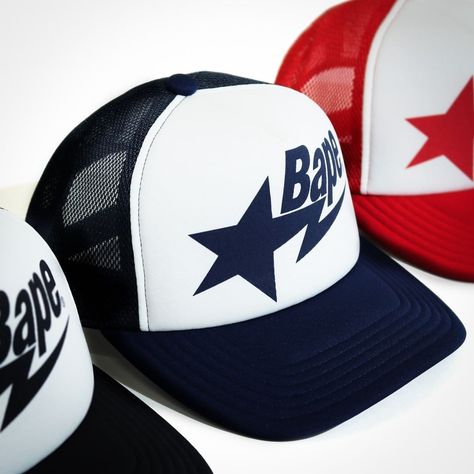 A BATHING APE® on Instagram: “BAPE STA MESH CAP will be available on Saturday, May 2nd on us.bape.com. #bape” Bape Trucker Hat, Trucker Hat Outfit, Custom Fitted Hats, Bape Sta, Hat Aesthetic, Cap Outfit, Streetwear Apparel, Fashion Cap, Cap Designs