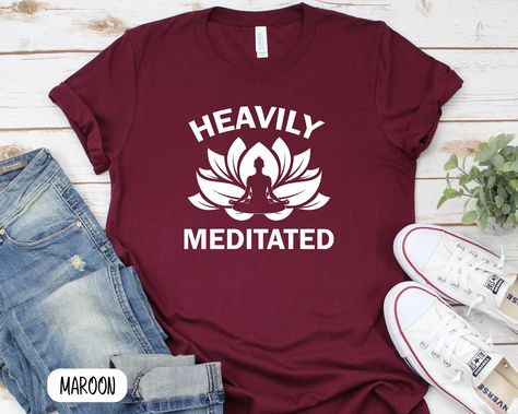 "We are using the original brand of Bella Canvas 3001 for shirts which is a UNISEX shirt and Gildan 18000 for sweaters.  Please check our size chart before placing an order. You can find our size chart in the pictures of the listing and in the description too.  Heavily Meditated T-Shirt, Simple Design T-Shirt, Meditation T-shirt, Inspirational Motivational Tee, Yoga T-shirt, Outfit Tshirt Massage shir This comfortable and UNISEX T-shirt is a perfect gift idea as a birthday gift, Christmas Presen Heavily Meditated Shirt, Yoga Tee Shirt, Spiritual Shirts, T Shirt Outfit, Yoga Tees, Yoga Shirt, Yoga Tshirt, Sarcastic Shirts, Yoga Shirts