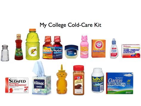 My College Cold-Care Kit. Why wait until you're sick at school to gather the supplies that will make you feel better? Hbcu Dorm, Sick At School, Sick Kit, Boyfriend Apartment, Sick Day Essentials, College Dorm List, Collage Dorm, College Dorm Checklist, Dorm Checklist