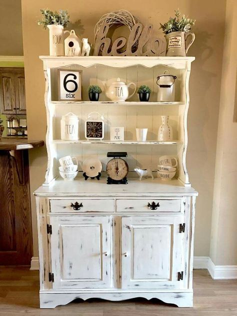 Farmhouse decor Kitchen Hutch Diy, Farmhouse Hutch Decor, Dining Room Hutch Decor, Kitchen Hutch Decor, White Hutch, Hutch Ideas, Kitchen Hutch, Hutch Decor, Diy Dining Room