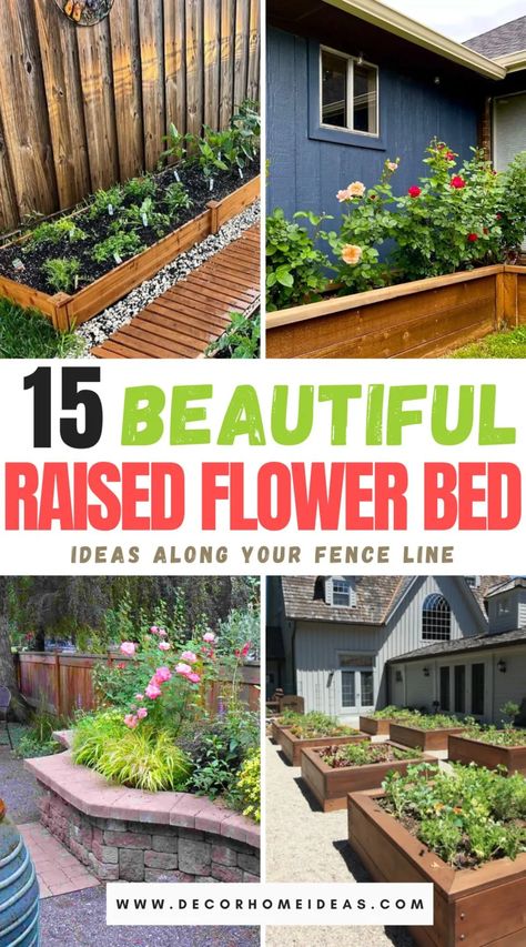 Create a charming garden border with 15 raised flower beds along the fence. These elevated planters not only add visual interest but also provide a practical solution for gardening in limited space, enhancing the beauty of your outdoor area. Raised Flower Bed Ideas, Raised Bed Flower Garden, Flower Beds Diy, Raised Flower Bed, Unique Landscaping, Flower Bed Plants, Landscaping Along Fence, Backyard Garden Beds, Small Flower Gardens