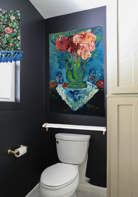 One Room Challenge Bathroom Update | Up to Date Interiors Replace Tub Faucet, Where To Hang Art, Diy Bathroom Storage Ideas, Black Painted Walls, Marble Shelf, Diy Bathroom Storage, Eclectic Bathroom, Hang Art, Coastal Boho