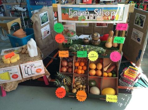 Farm Market Dramatic Play, Fruit And Veg Role Play Eyfs, Role Play Kitchen Eyfs, Farmers Market Role Play, Fruit And Veg Shop Role Play Eyfs, Role Play Shop Ideas, Eyfs Farm Topic, On The Farm Eyfs, Role Play Corner Ideas