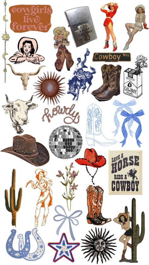 Cute Cowboy Aesthetic, Collage Stickers Vintage, Travel Stickers Aesthetic, Stickers To Print Out, Cowboy Collage, Cowgirl Collage, Cowboy Stickers, Polyvore Png, Collage Stickers