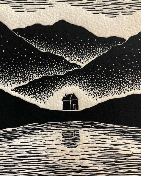 2 Color Lino Print, Black And White Lino Print, Abstract Landscape Illustration, Linoleum Print Ideas Christmas, Lino Print Landscape, Linocut Prints Christmas, Lino Print Art, Linocut Texture, Lino Print Ideas Simple