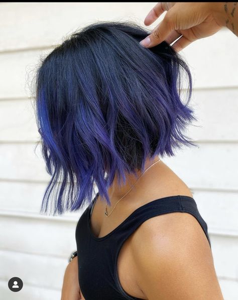 Brown To Blue Ombre Hair Short, Colorful Bob Hair, Under Color Hair Ideas For Brunettes, Dark Blue Short Hair, Smokey Blue Hair, Above The Shoulder Haircuts, Siren Hair, Blue Hair Streaks, Short Stacked Bob Hairstyles