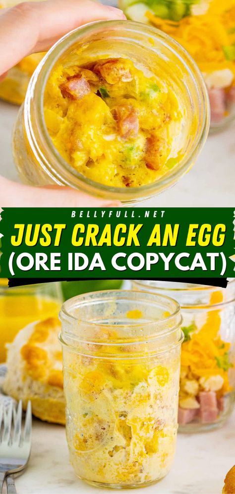 Don't wait too long before trying Just Crack an Egg! This healthy food is an Ore Ida copycat. Just add veggies, meat, and cheese, and you can have this microwavable omelet in a jar in 3 minutes. So quick and easy! Save this healthy breakfast recipe! Omelet In A Jar, Diy Just Add An Egg Breakfast, Microwave Breakfast Ideas, Microwave Omelet, Easy Yummy Breakfast, Ore Ida, Breakfast In A Jar, Healthy Egg Breakfast, Healthy And Unhealthy Food