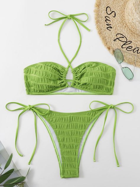 Green Two Piece, Swimsuits Outfits, Swim Suits, Beachwear For Women, Swim Suit, Belted Dress, Women Swimsuits, Crochet Bikini, Lime Green